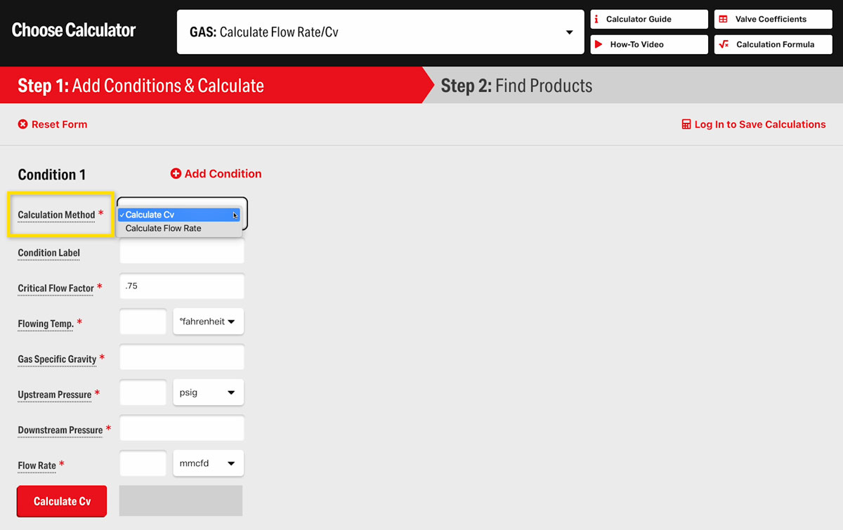 Gather your Condition Details to Calculate for either Cv or Flow Rate