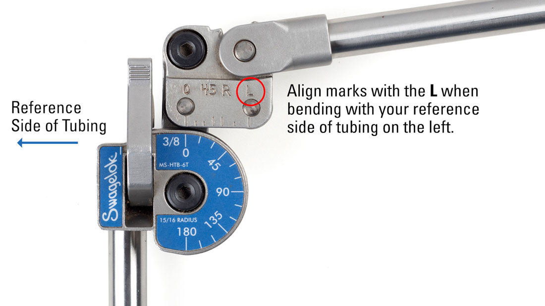 tubing bender example showing alignment to the L based on your reference side of tubing