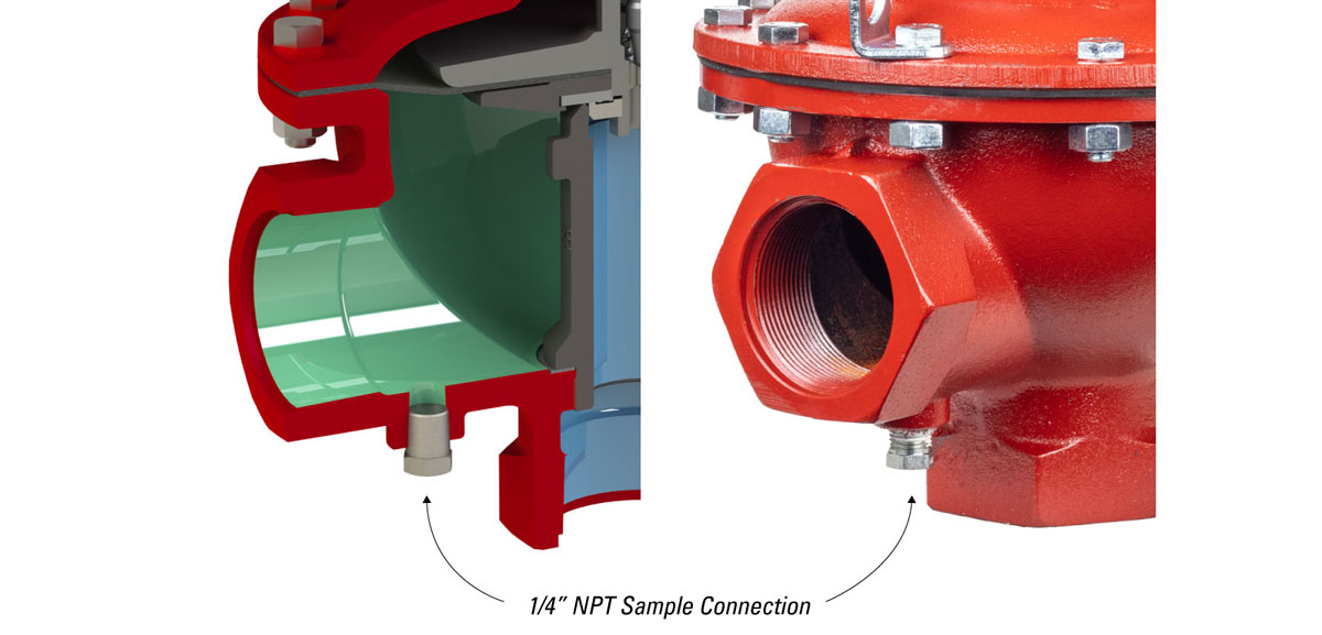 sample port on weight operated dump valve body