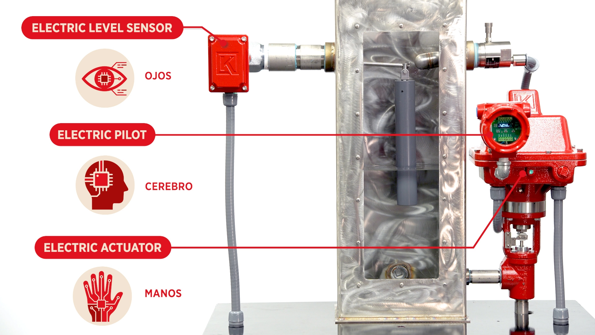 Unidad de demostración de un sensor de nivel eléctrico que muestra los ojos, el cerebro y las manos de la automatización.