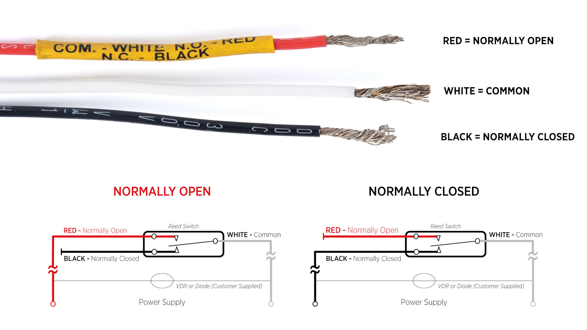 Electric Level Switch red, white, and black wires for normally closed and normally open operation