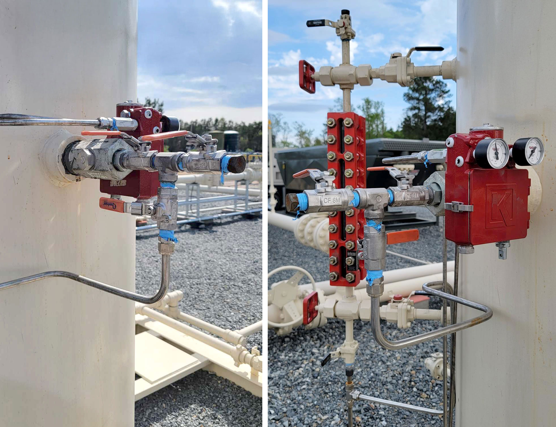 photos of Kimray Gen 3 using paraffin clean out port with combinations of fittings and ball valves