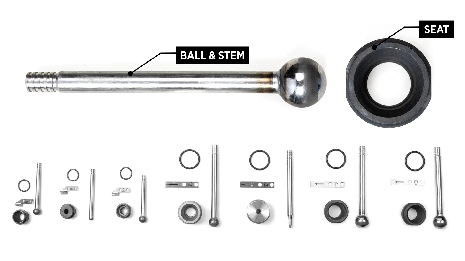Photos of trim set size and material options for 1" and 2" valves