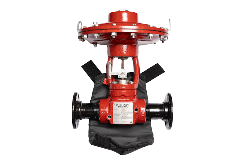 animated gif of a kimray high pressure control valve with an insulated cover easily being removed and installed
