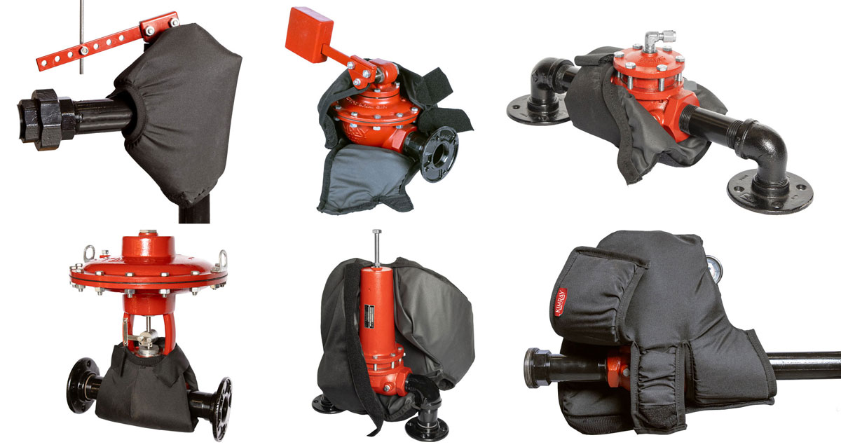 photos of various kimray valves with insulated covers on for protection from freezing
